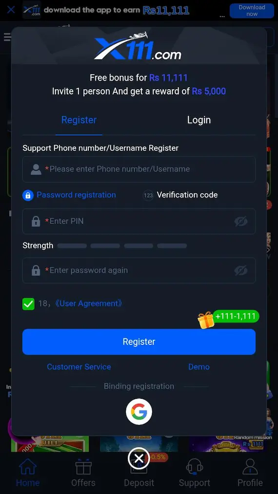 x111 game login and register